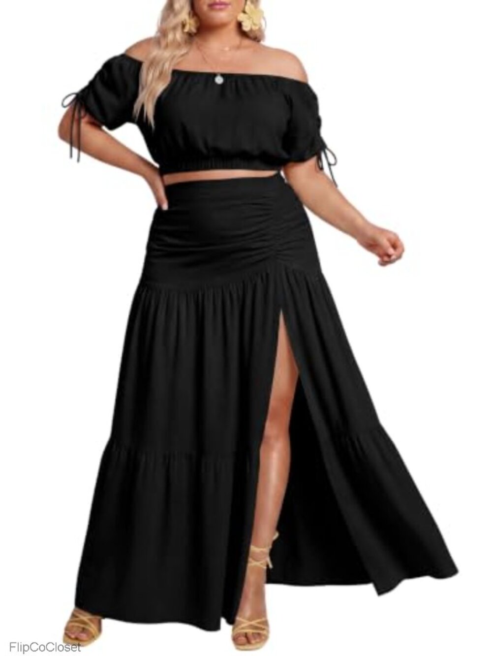 Plus Size 2 Piece Outfit Off Shoulder Top Maxi Skirt Set Boho Vacation